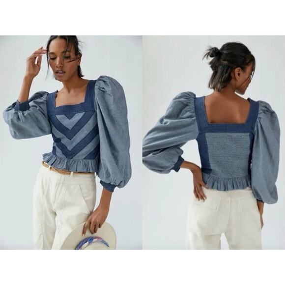 Love The Label Tops - Love the Label | Anthropologie | Smocked Puff Sleeve Denim Top | Sz M
